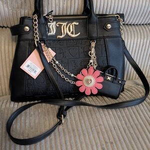 Juicy Couture black bag with crowns, hearts, gold chain and flower&bag charm
